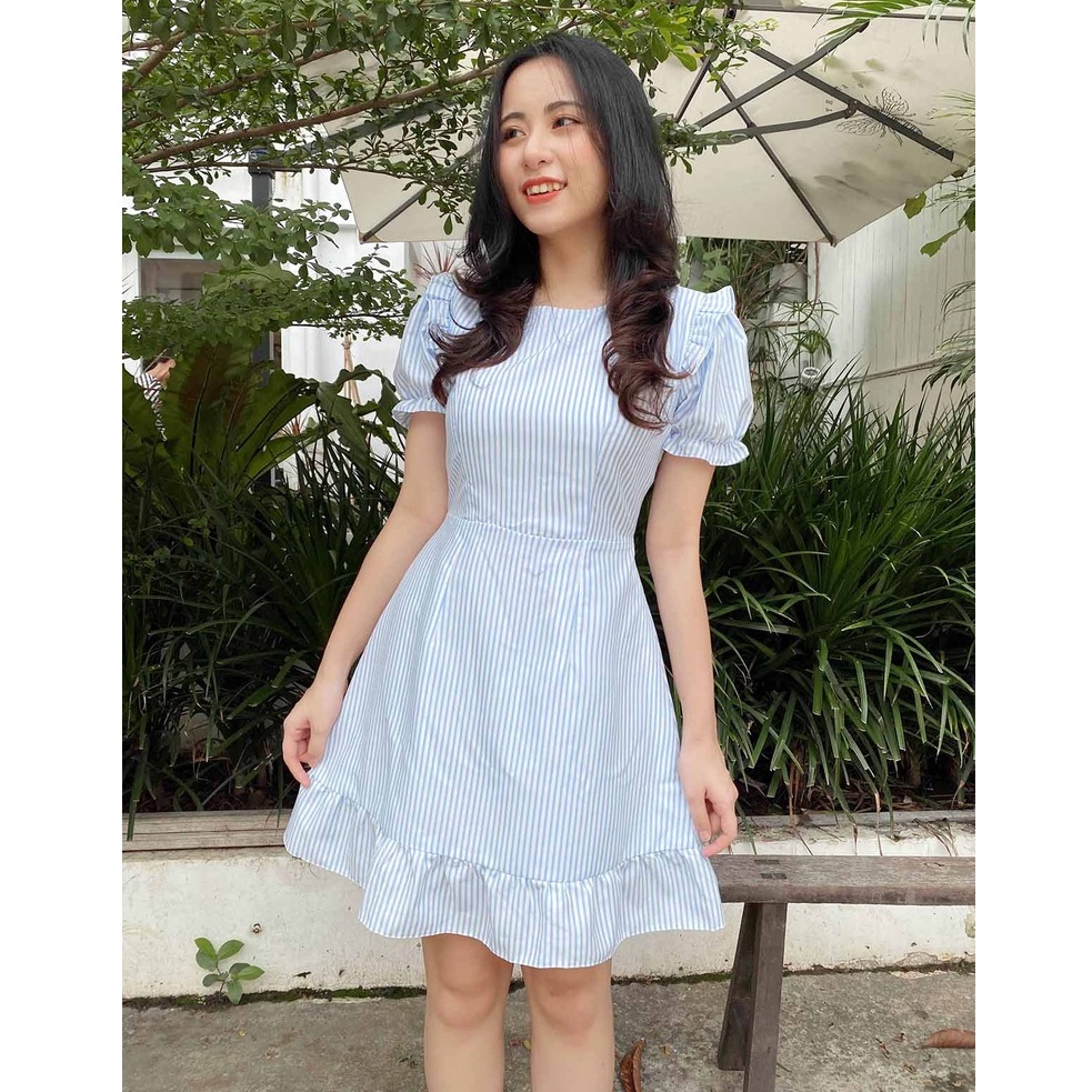 Đầm công sở bánh bèo xanh kẻ sọc thiết kế dáng xòe eo tôn dáng che bụng mỡ thời trang đi làm đi chơi – Thời trang Lux W