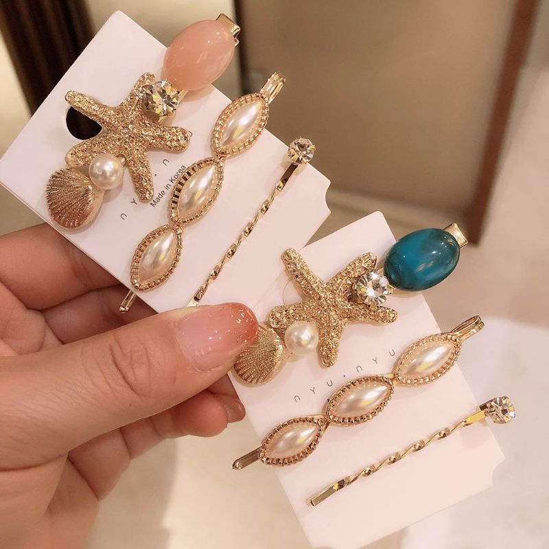 Set 3 Kẹp Tóc Hình Sao Biển / Ngọc Trai Lấp Lánh Cho Bé Gái
