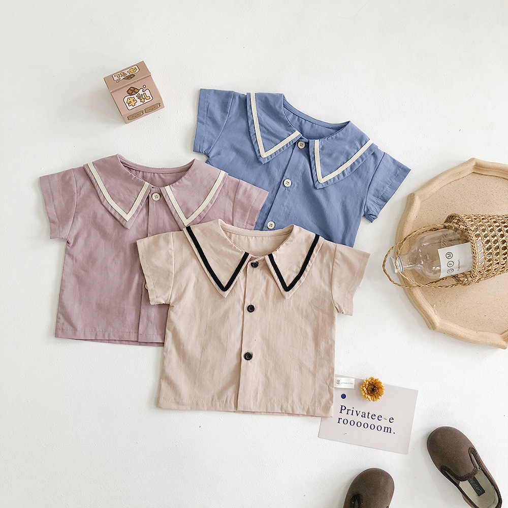 Baby Navy Square Collar Short-sleeved Cotton Top Shirt + Shorts Two-piece Suit Newborn Infant Girls Boys Summer Clothes Set