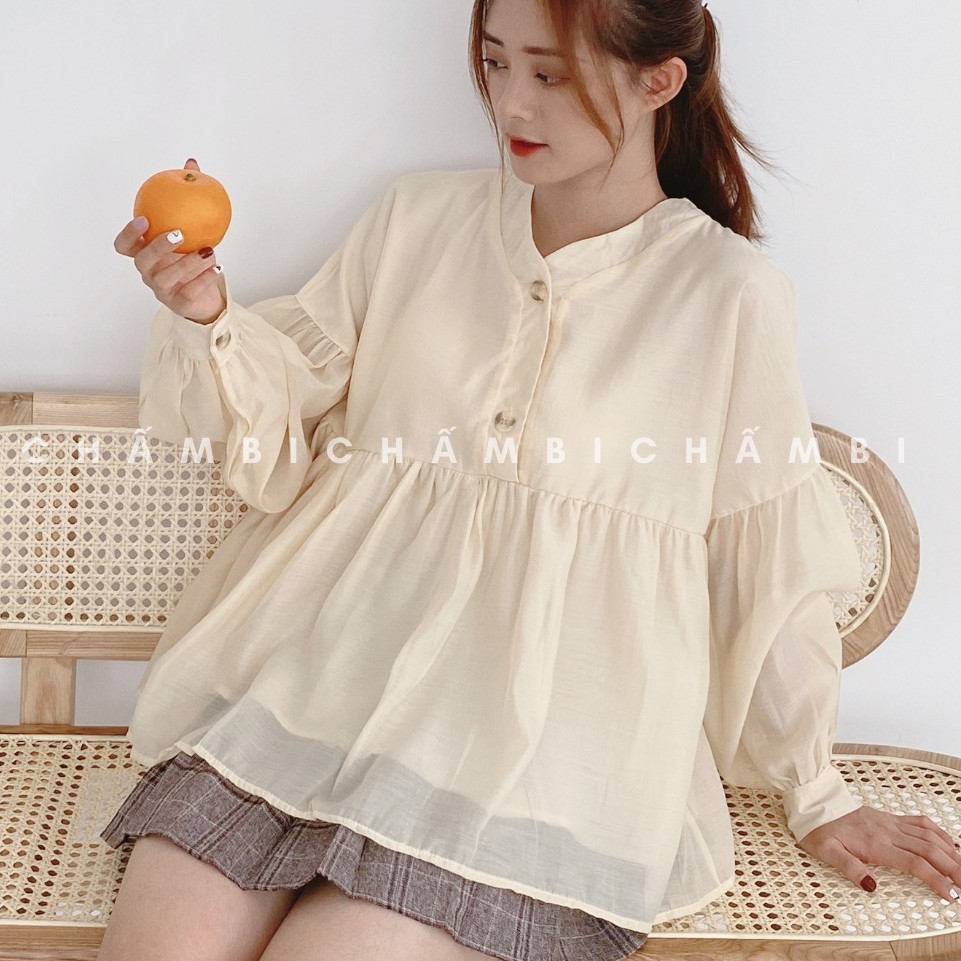 Áo babydoll voan tơ nút giả gỗ hai tầng tiểu thư - BBD06FG
