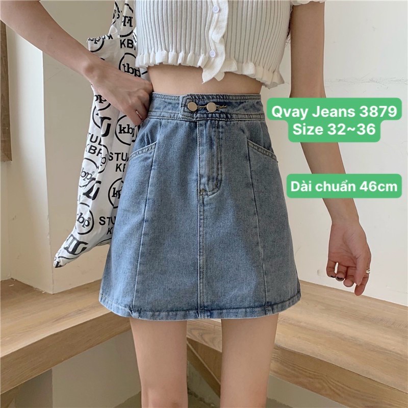 QUẦN VÁY JEAN CO GIÃN [SIZE 32-36] Dài 46cm - Chân Váy Có Quần Trong - Xanh Đá 2 Nút Trơn