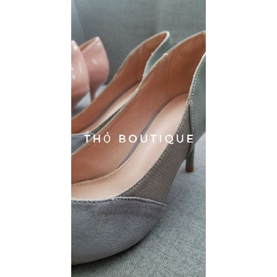 Giày cao gót xuất Âu da lộn phối da bóng 6cm hồng pastel, xanh pastel, xám size 37-38