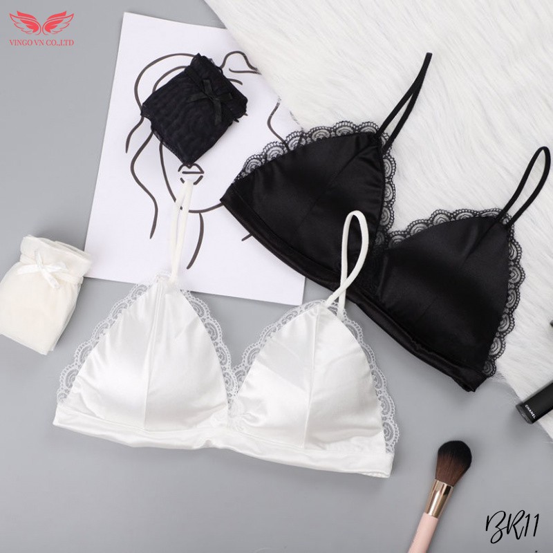 [MUA BRA TẶNG QUẦN CHIP XINH] Áo Lót Nữ Bra Lụa Không Gọng Đệm Vừa Tặng Quần Ren Đen Sexy Quyến Rũ BR11 VNGO