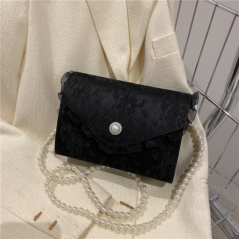 Túi xách đeo chéo nữ phong cách tiểu thư đính ngọc nhân tạo màu đen trắng