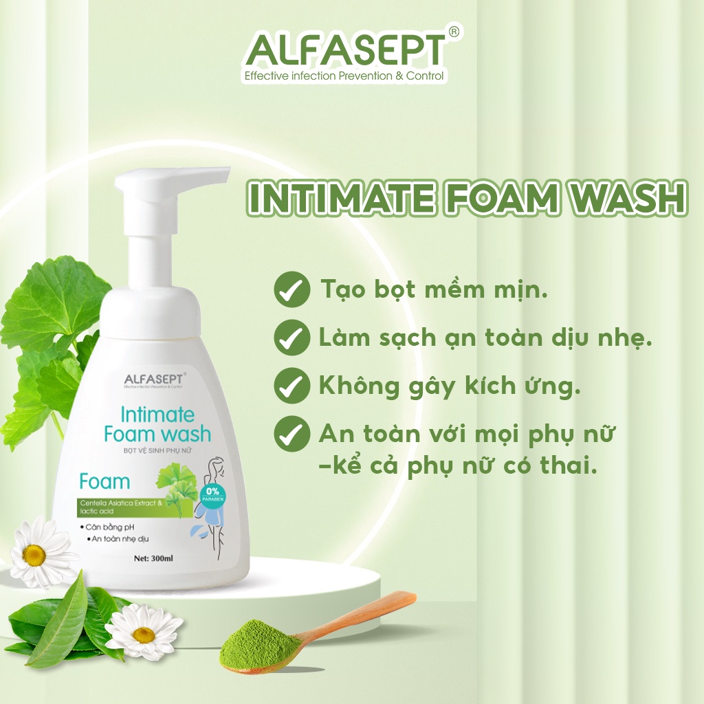 Bọt vệ sinh phụ nữ AFLFASEPT Intimate Foam Wash, Chiết xuất trà xanh kết hợp với vitamin E  cho cảm giác tươi mát