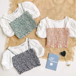 Áo nhún thân phối hoa nhí tay phồng trắng LYRA design, áo croptop dáng ôm phối tay bồng cách điệu-LYTAO257