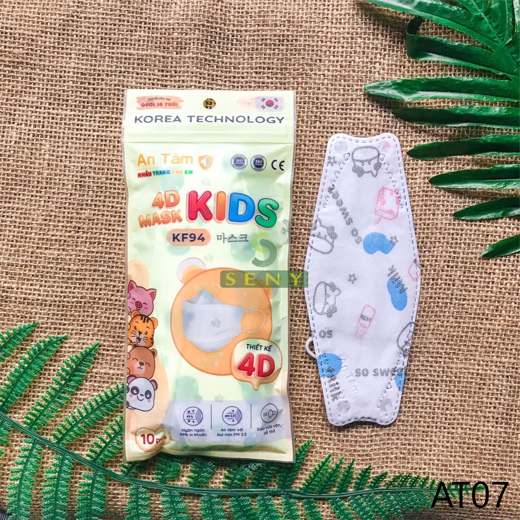 Set 50 cái khẩu trang 4d kf94 khẩu trang cho bé  4-10 tuổi 4 lớp kháng khuẩn ngăn bụi thoáng khí chính hãng An Tâm_AT4DC