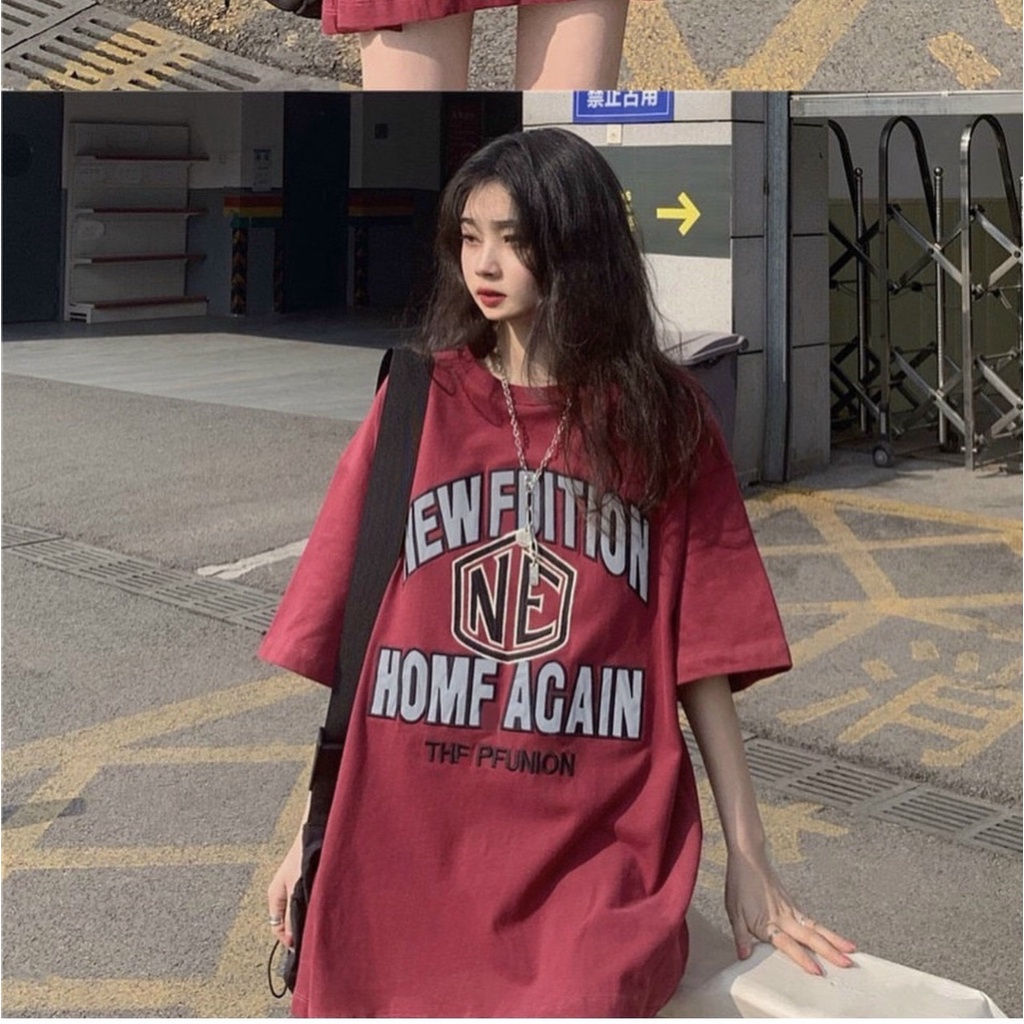 ÁO THUN NỮ CỔ TRÒN FORM RỘNG TAY LỠ IN CHỮ HOMF AGAIN MÀU ĐỎ ĐÔ PHONG CÁCH TỰ TIN THỜI TRANG PHÁ CÁCH HADI