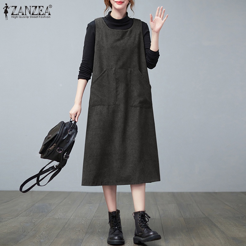 Váy dài ZANZEA không tay thiết kế túi xinh xắn thời trang cho nữ