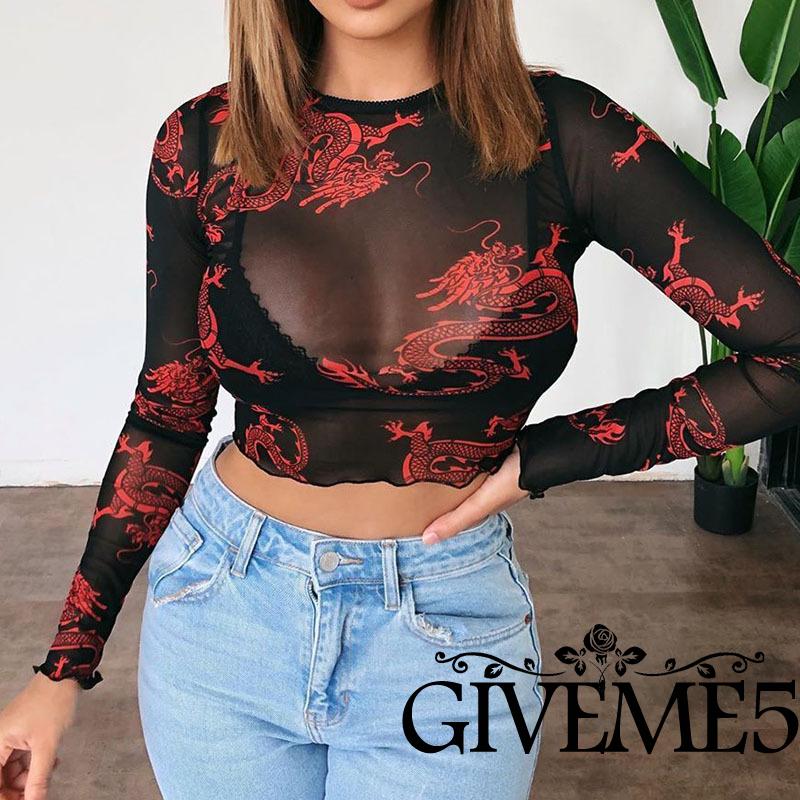 Áo Crop Top Xuyên Thấu Tay Dài In Hình Rồng Gợi Cảm Cho Nữ