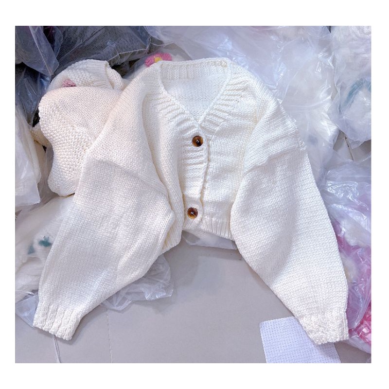 Áo cardigan Len dáng crop top tay bồng