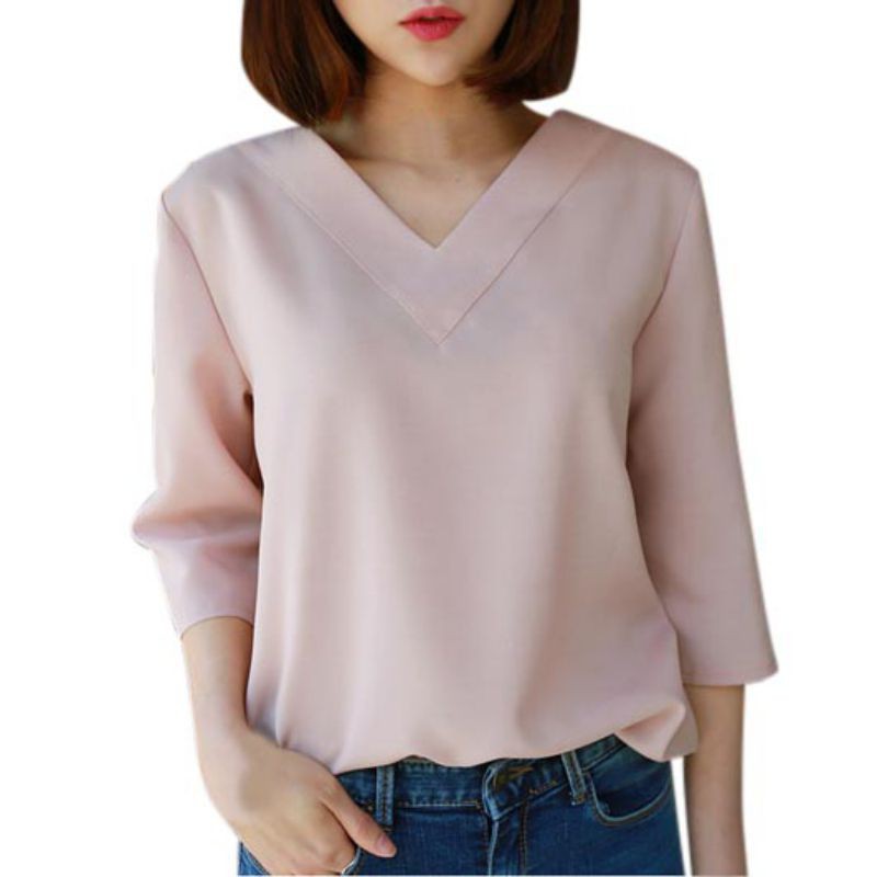 FREESHIP ĐƠN 99K_ Áo Kiểu Chất Chiffon Tay Dài Thiết Kế Cổ Chữ V Thanh Lịch