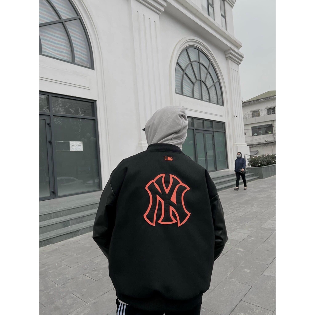 Áo khoác Bomber Varsity M.L.B Ny Thêu Logo Cam Form Rộng Phối Tay Da - Best Quality  - De Storm