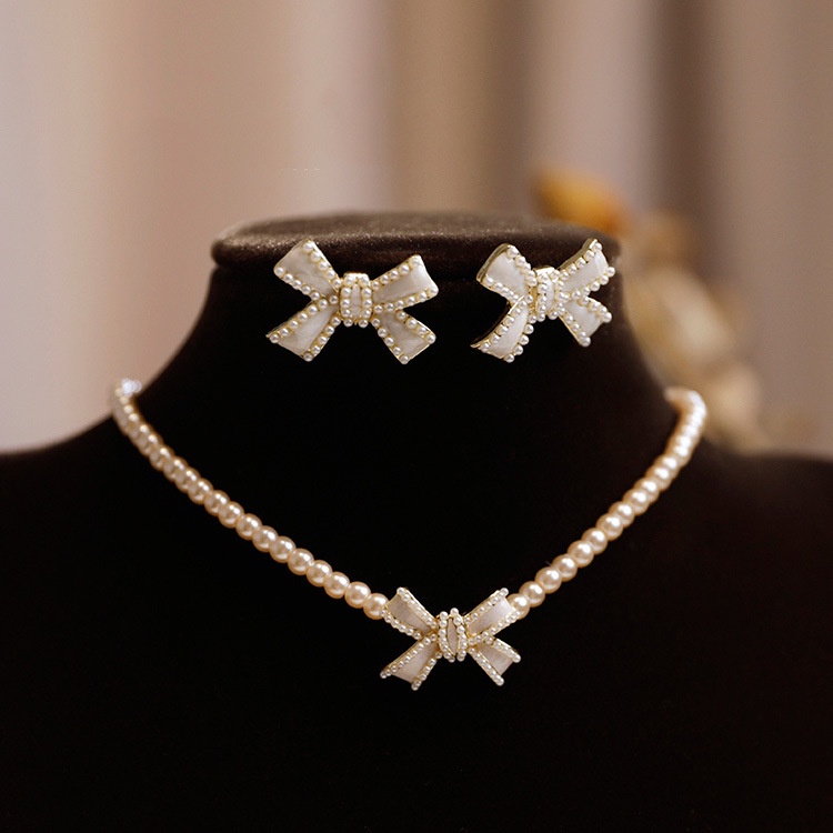 Bộ Vòng cổ + Bông Tai Hình Nơ Đính Ngọc Trai Nhân Tạo Thời Trang Hàn Quốc