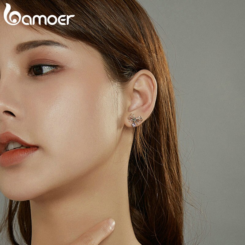 Khuyên Tai Bamoer SCE962 Bạc Thiết Kế Uốn Nơ Kiểu Vintage Dành Cho Nữ