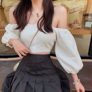 Áo croptop trễ vai tay bồng ảnh thật ở cuối