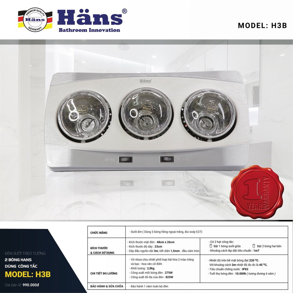 Đèn sưởi hồng ngoại 3 bóng treo tường Hans – H3B - Có công tắc - Bảo hành 1 năm