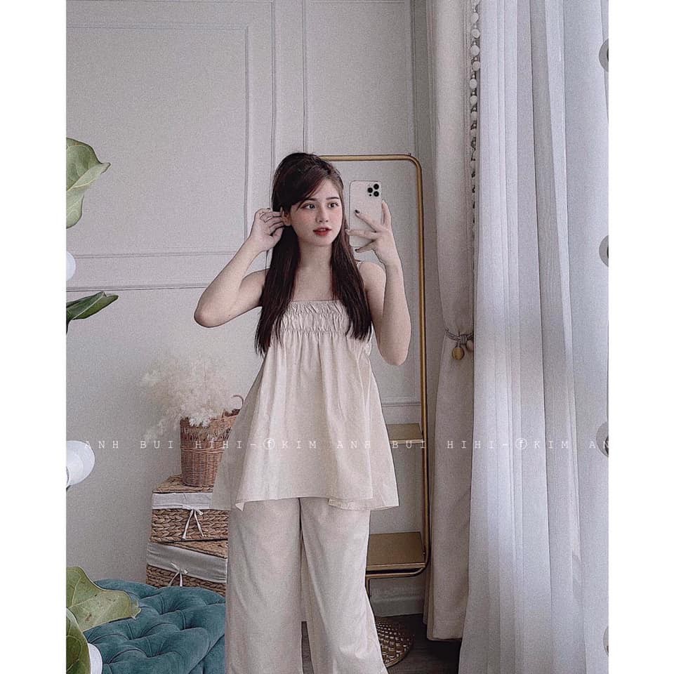 Set đồ đi chơi hàng QCCC áo 2 dây đũi xước kết hợp quần form rộng | BigBuy360 - bigbuy360.vn