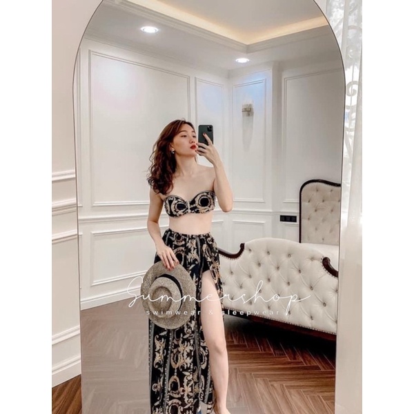 BIKINI Set 4 chi tiết 2 mảnh cạp cao thương hiệu kem váy, áo choàng