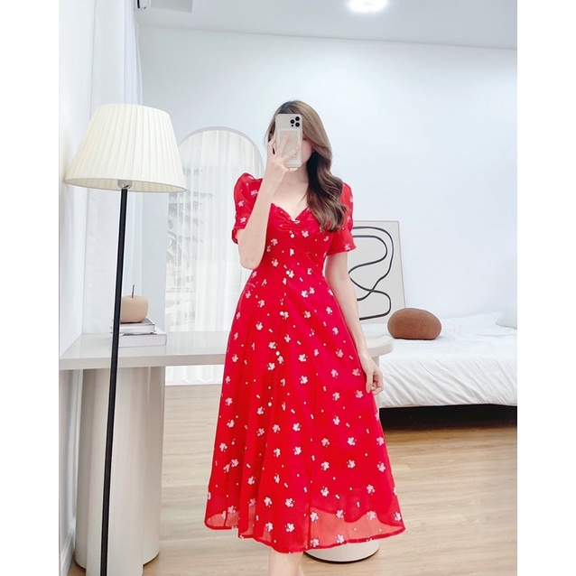 ĐẦM ĐỎ HOA NHÍU NGỰC MIDI