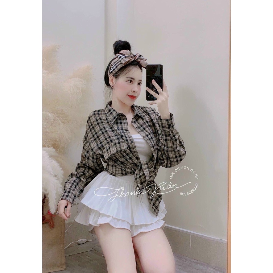 Áo sơ mi kẻ thụng nâu túi ngực áo sơ mi nữ thụng giấu quần ulzzang TL137