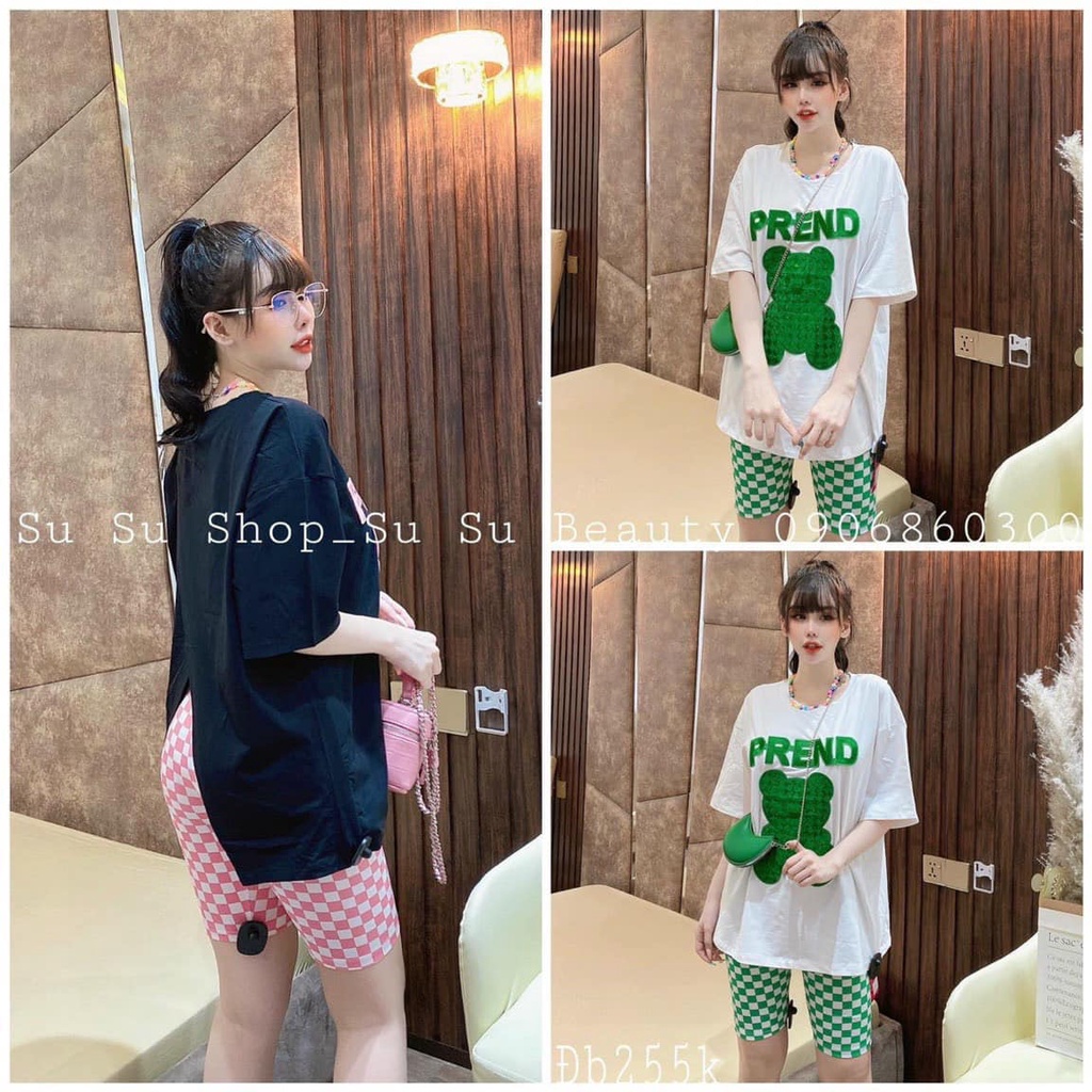 Đồ bộ nữ, set đồ bộ quần lửng ngố thun gân borip và áo thun cotton ngắn tay form rộng xẻ tà sau lưng THÊU NHUNG