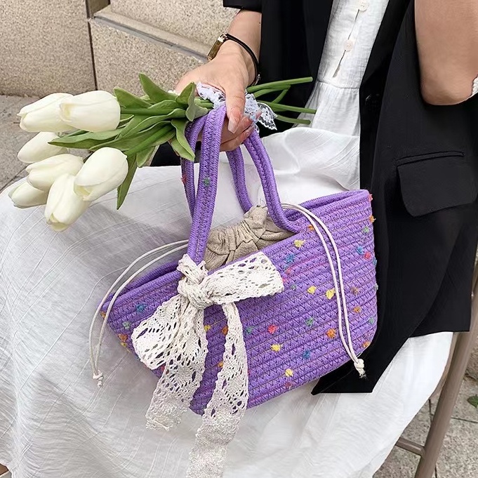 Túi dệt kiểu mới phong cách Hàn Quốc túi xách thời trang và đơn giản túi xách bông bi đầy màu sắc với khăn lụa nơ