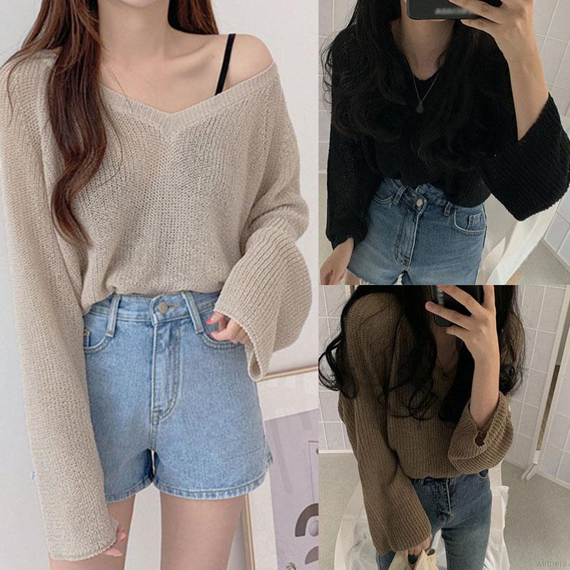 Áo Thun Dệt Kim Tay Dài Cổ Chữ V Form Rộng Thời Trang Dành Cho Nữ
