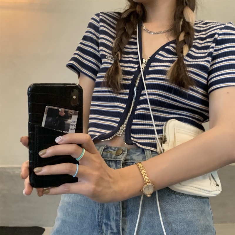 Áo dệt kim SUXI tay ngắn cổ chữ V kẻ sọc phối khóa kéo thời trang mùa hè cho nữ