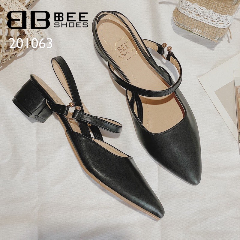 BEESHOES - GIÀY BÚP BÊ NỮ QUAI HẬU TRƠN CHẤT DA MỀM - BÚP BÊ MŨI NHỌN DẾ VUÔNG CAO 3 PHÂN SẴN MÀU ĐEN-TRẮNG-ĐEN 201063