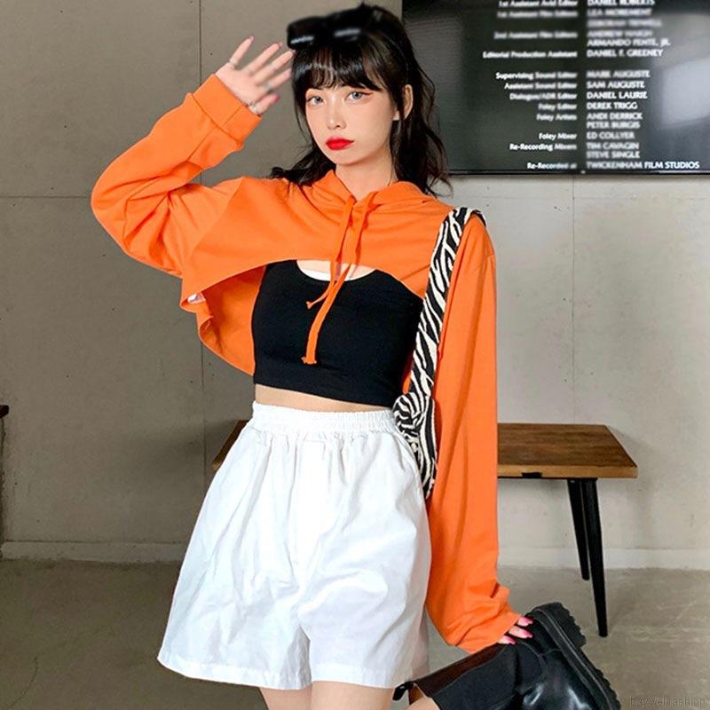 Áo Croptop Tay Dài Có Mũ Thiết Kế Lệch Tà Màu Trơn Phong Cách Sành Điệu Dành Cho Phụ Nữ