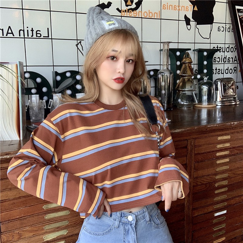 Long Sleeve Striped T-shirt loose retro fashion crew neck | BigBuy360 - bigbuy360.vn