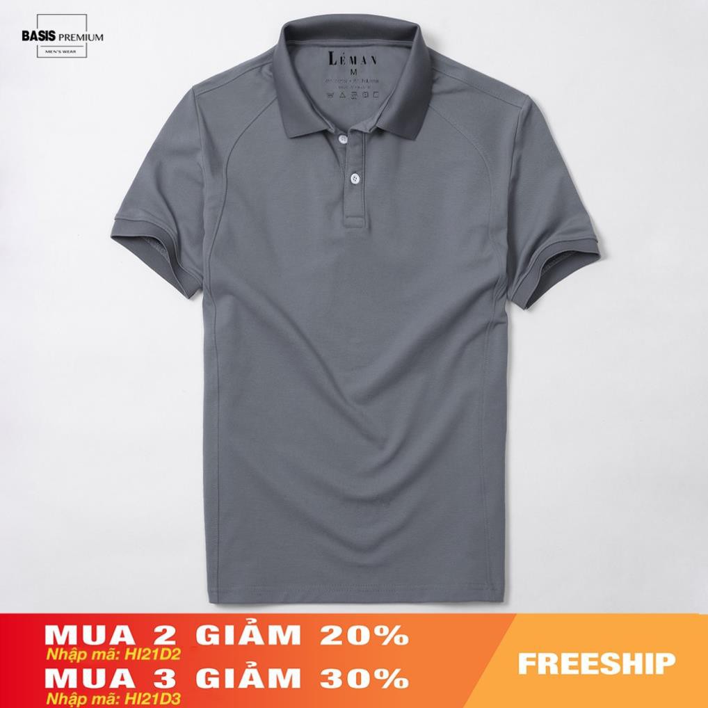 Áo polo nam Basis màu xám xanh trơn phối gân dọc đơn giản APL37 💯
