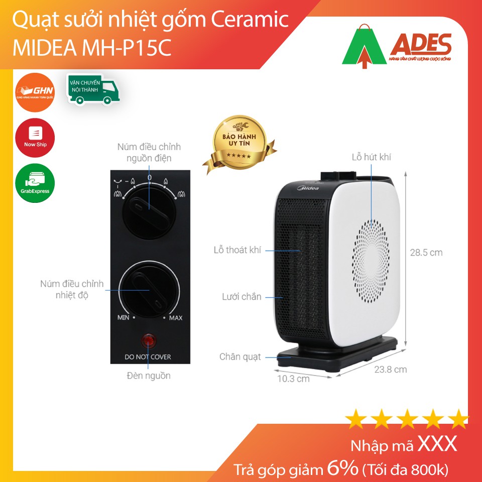 Quạt sưởi nhiệt MIDEA MH-P15C - Gốm Ceramic không đốt oxi, không chói mắt, không khô da - Full box NEW 2021