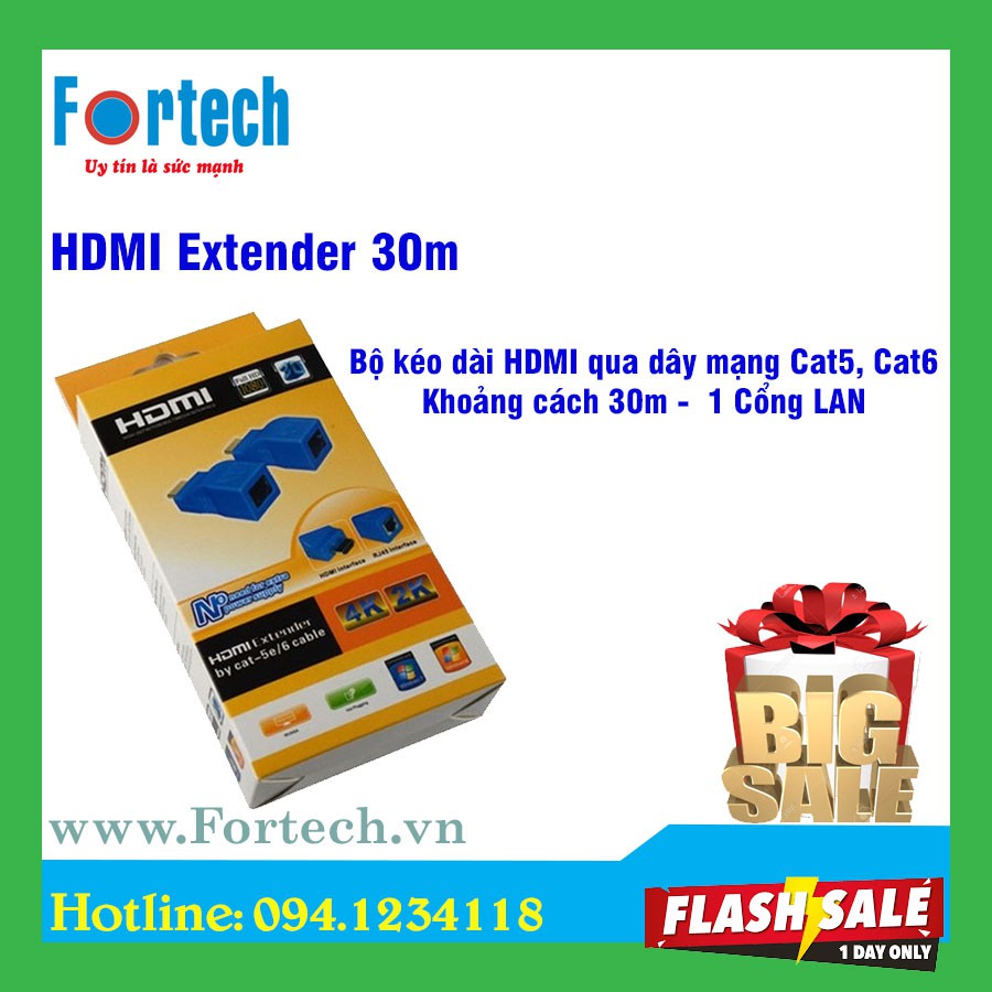Bộ kéo dài cáp HDMI qua dây mạng Lan Cat5e, Cat6e 30m - sử dụng 1 dây LAN