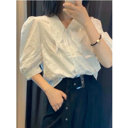 Aó sơ mi thô trắng cổ ren lá nhọn tay bồng xinh xắn | BigBuy360 - bigbuy360.vn