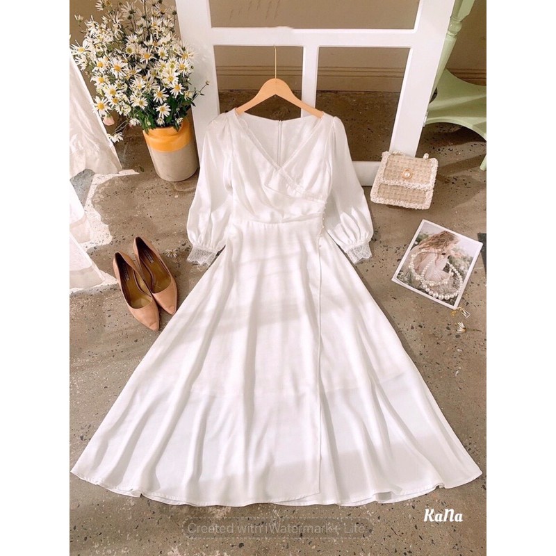 Váy Trắng Cuới Tay Dài Viền Ren Tà Đắp Chéo Kết Ngọc Dự Tiệc Size S M L V00207 Cho Cô Dâu AĐ BOUTIQUE