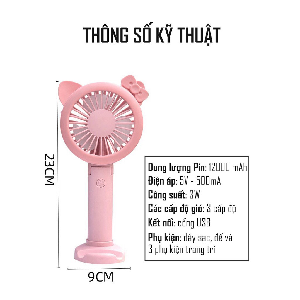 Quạt cầm tay IMEBOBO quạt cầm tay tích điện mini 3 tốc độ tặng kèm 4 cặp nơ trang trí siêu cute