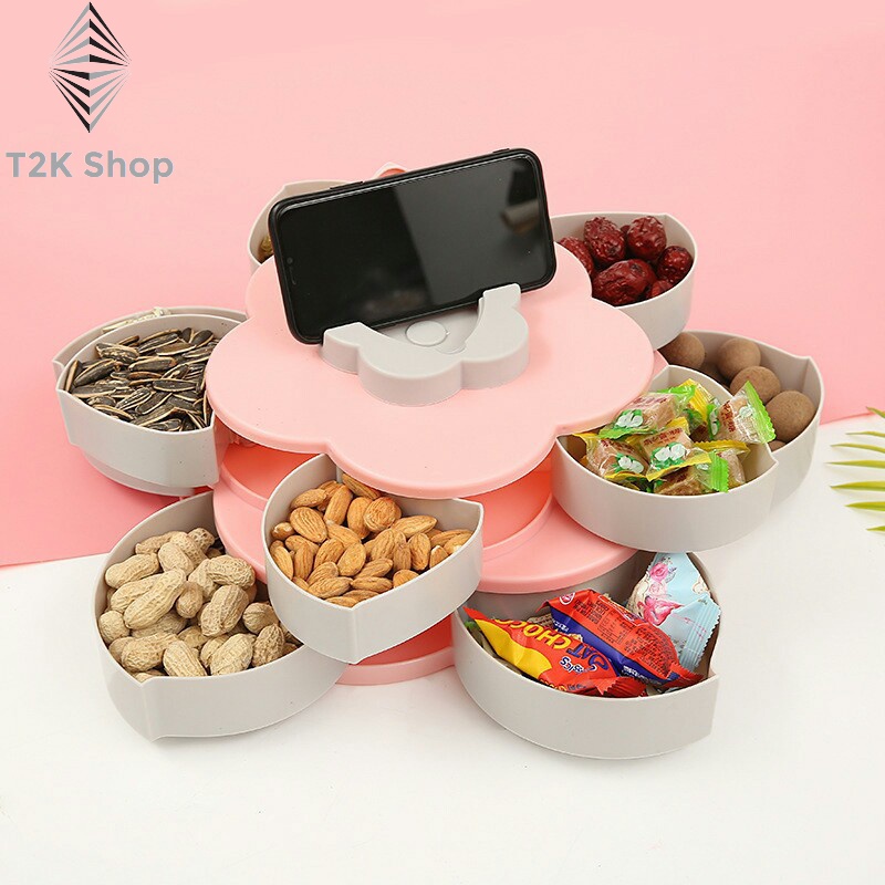 Khay đựng mứt tết - Hộp đựng mứt tết bánh kẹo 2 tầng xòe hình cánh hoa xoay 360 độ - T2K Shop