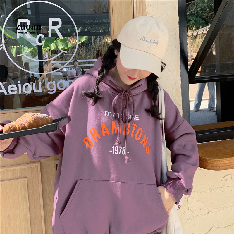 SUXI Áo Hoodie Nữ Tay Dài Dáng Rộng In Chữ Phong Cách Hàn Quốc