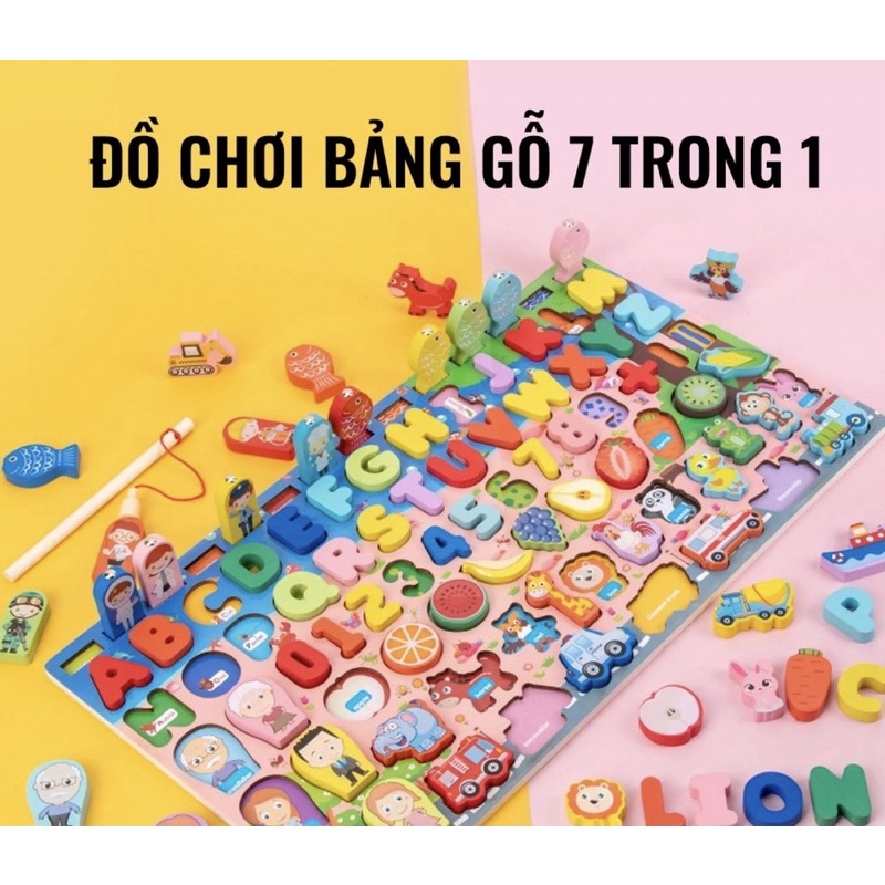 Bộ bảng 7in1- Bảng Gỗ Câu Cá Và Ghép Hình Học 7 trong 1 gồm Chữ Số, Chữ Cái, Phương Tiện cho bé