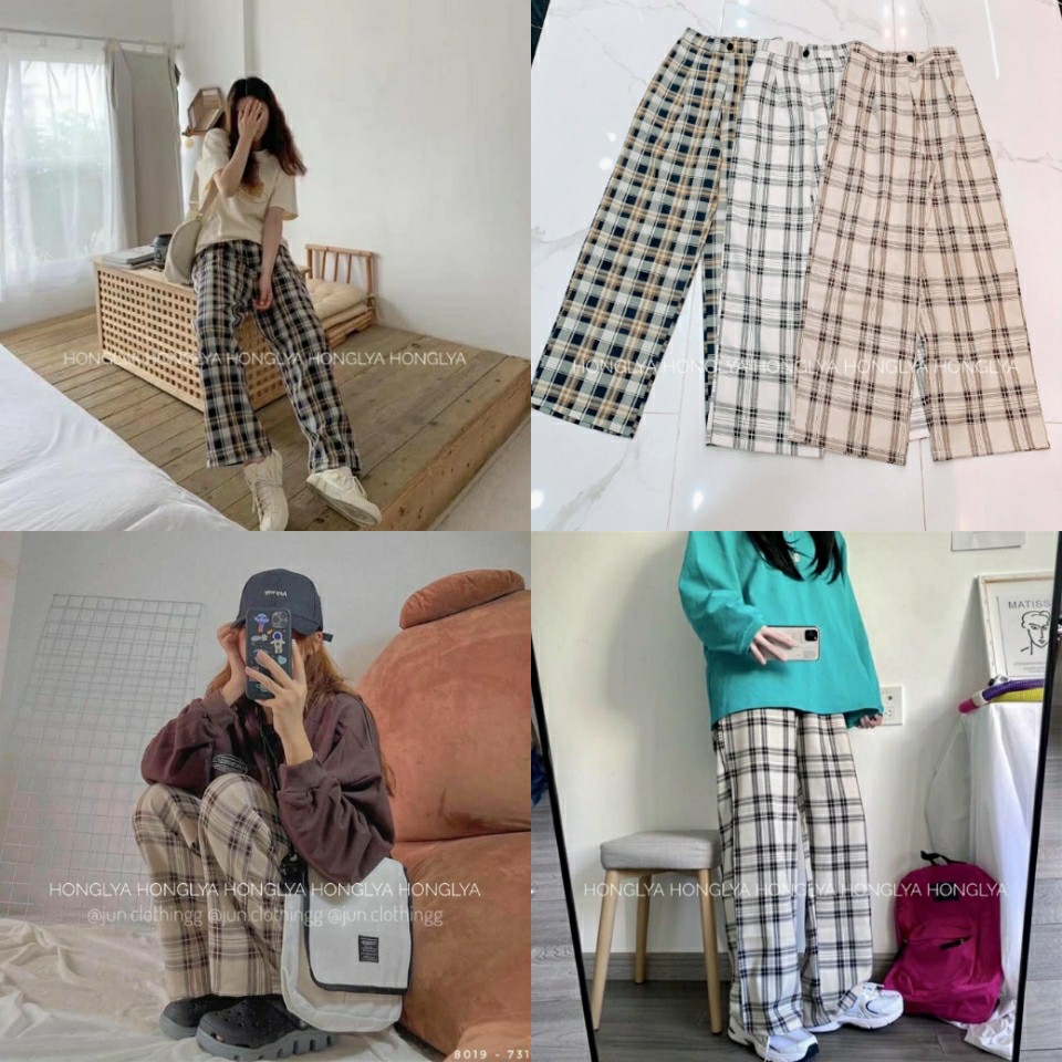 [Ảnh thật] Quần cullotes kẻ caro ống rộng phong cách ulzzang Hàn Quốc
