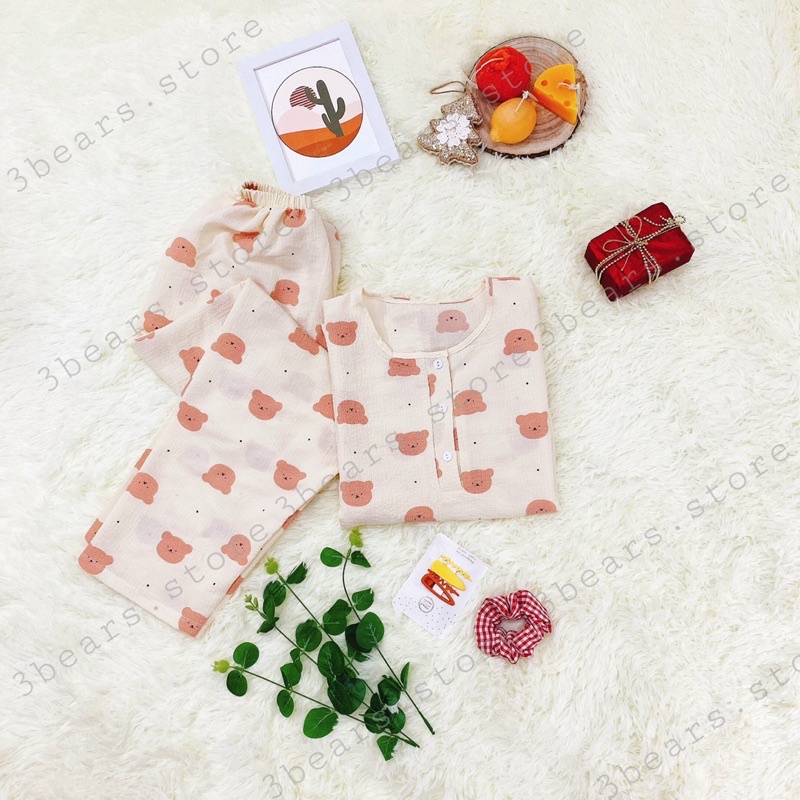 (Ảnh thật - 3bears.store tự chụp) Đồ bộ ngủ nữ dài chất đũi xốp phong cách Hàn Quốc (tay dài, cổ tròn, quần dài) | BigBuy360 - bigbuy360.vn