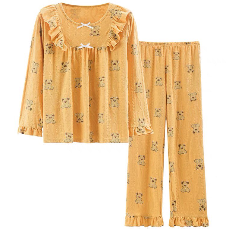 Bộ Mặc Nhà Pyjama Cotton Cổ Bèo Nơ Bo Gấu Mới