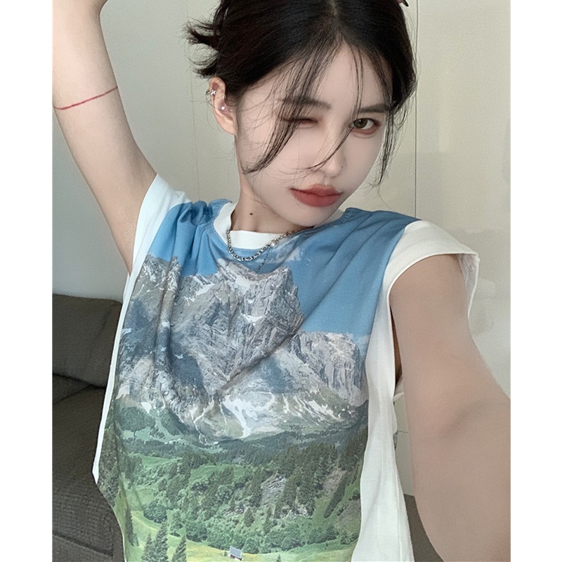 Áo Thun Tay Ngắn Dáng Rộng In Hình Phong Cảnh Thời Trang Cho Nữ