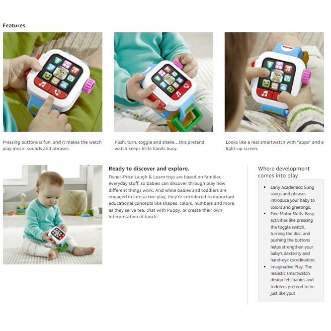 Đồng hồ thông minh cho bé Fisher-Price GJW17 Laugh & Learn Time to Learn, Đồ chơi trẻ em có nhạc, nhiều màu