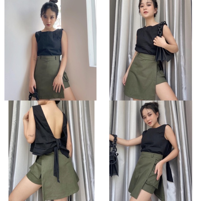 Áo limouss CropTop và Chân váy Kaki Skirt túi hộp - áo thiết kế kiểu cột nơ hở lưng  ( có tách lẻ )