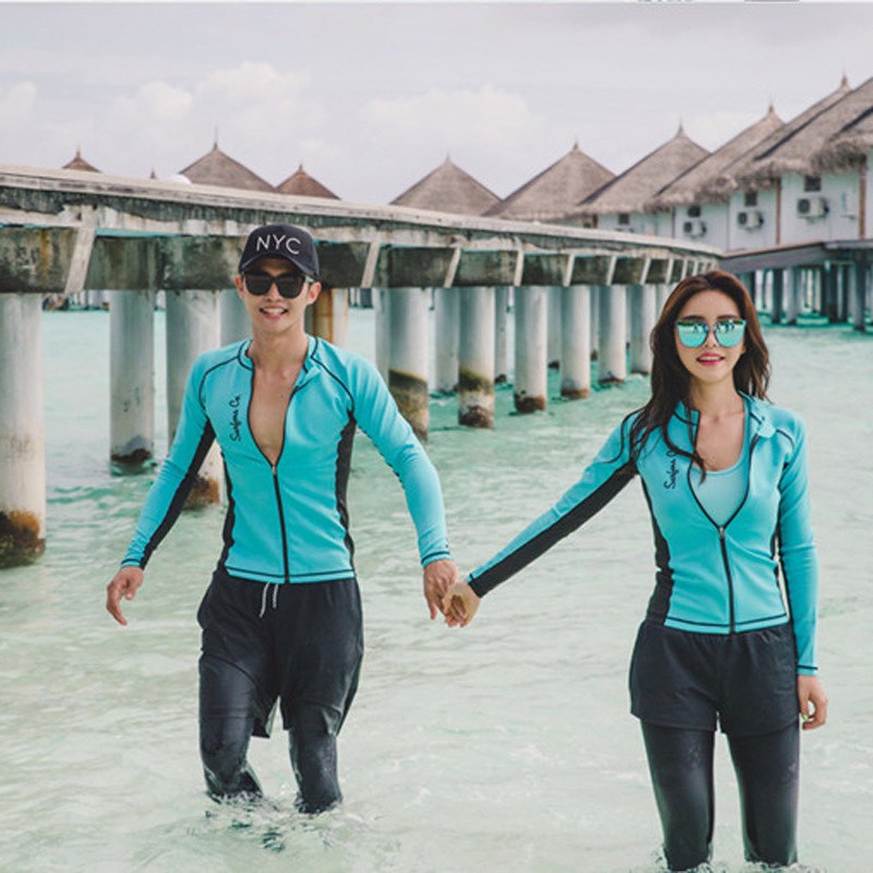 Bộ đồ bơi đôi đi biển nam và nữ áo dài tay màu xanh | WebRaoVat - webraovat.net.vn
