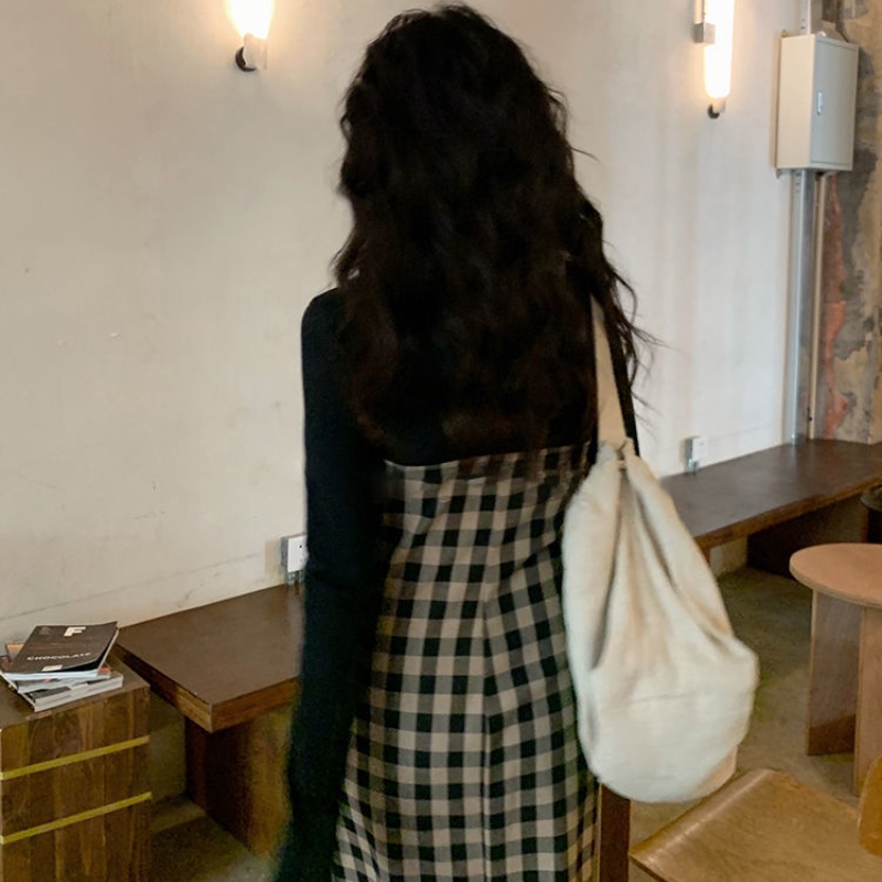 Đầm ôm dài tay cổ tròn sọc ca rô thời trang Hàn