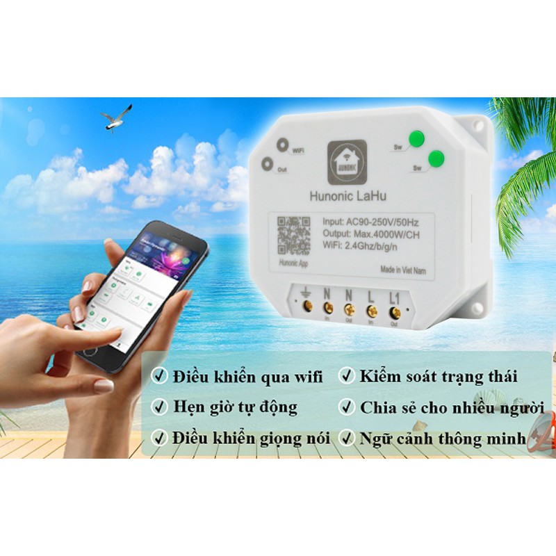 Công tắc Hunonic Lahu Wifi 1 kênh công suất lớn 4000W - Hàng Chính hãng BH 12 tháng